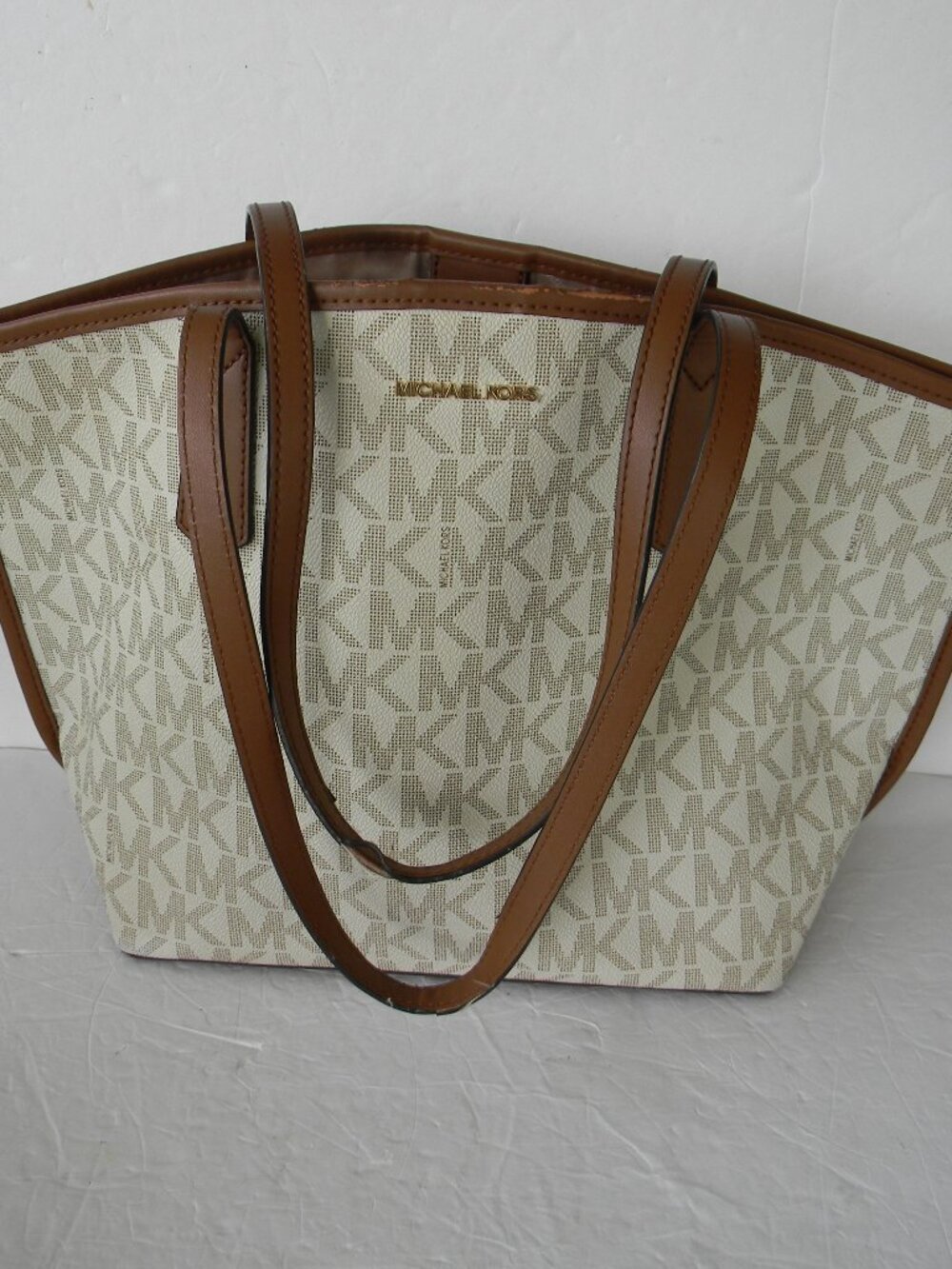 Michael Kors Jane LG VANILLA IVORY/TAN SIGNATURE LOGO MK CANVAS/LEATHER TOTE